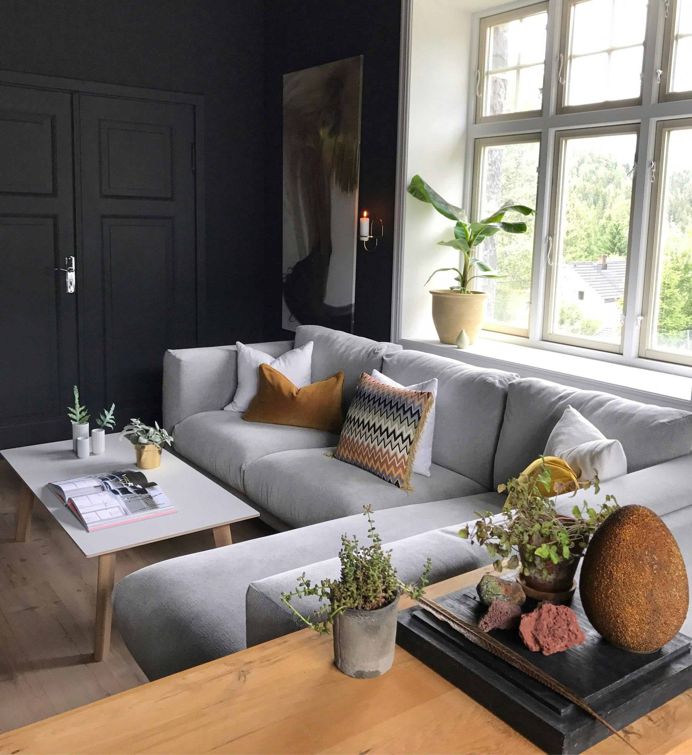 Nordisk stil Svart stue med grå sofa